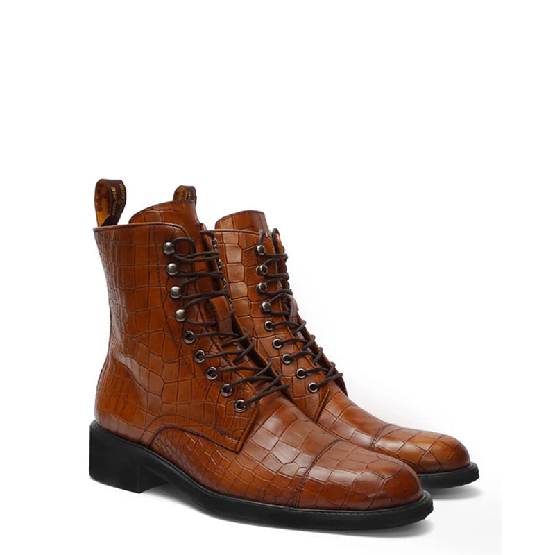 Croco Leather Lace-Up High Ankle Boot Black