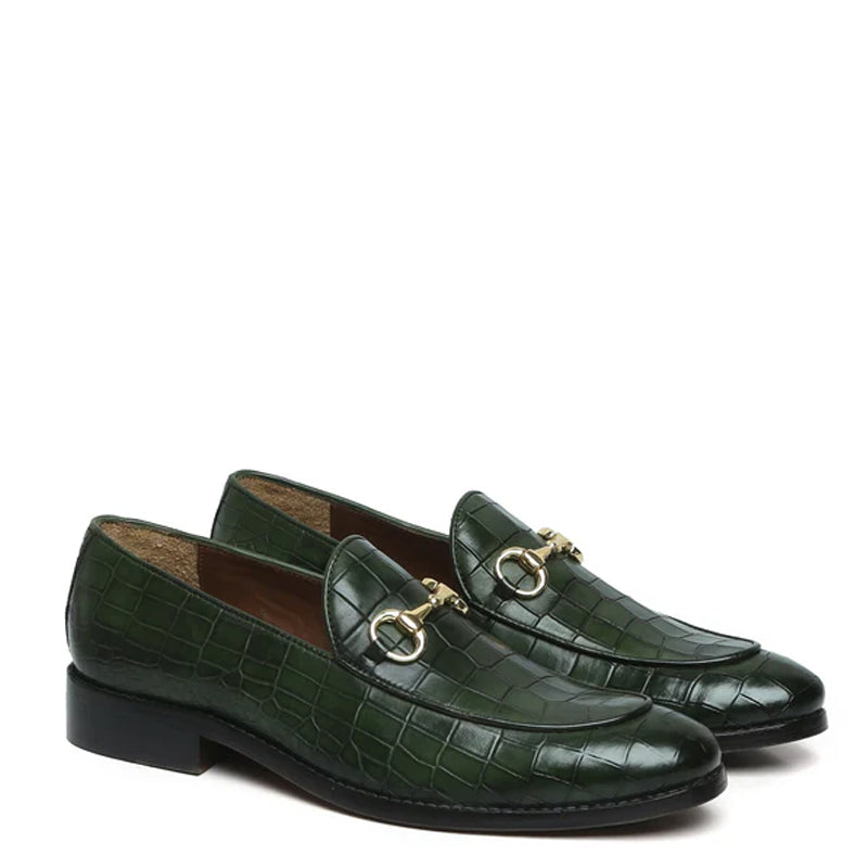 Croco Leather Horse-bit Buckled Green Loafer