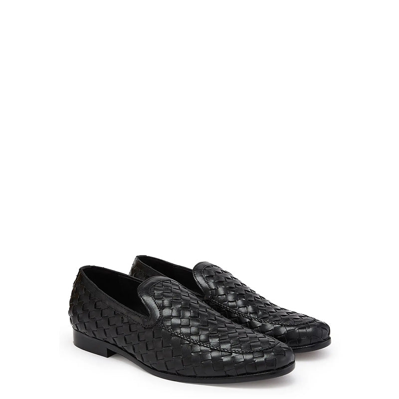 Men Woven Textured Handmade Pure Leather Black Loafer