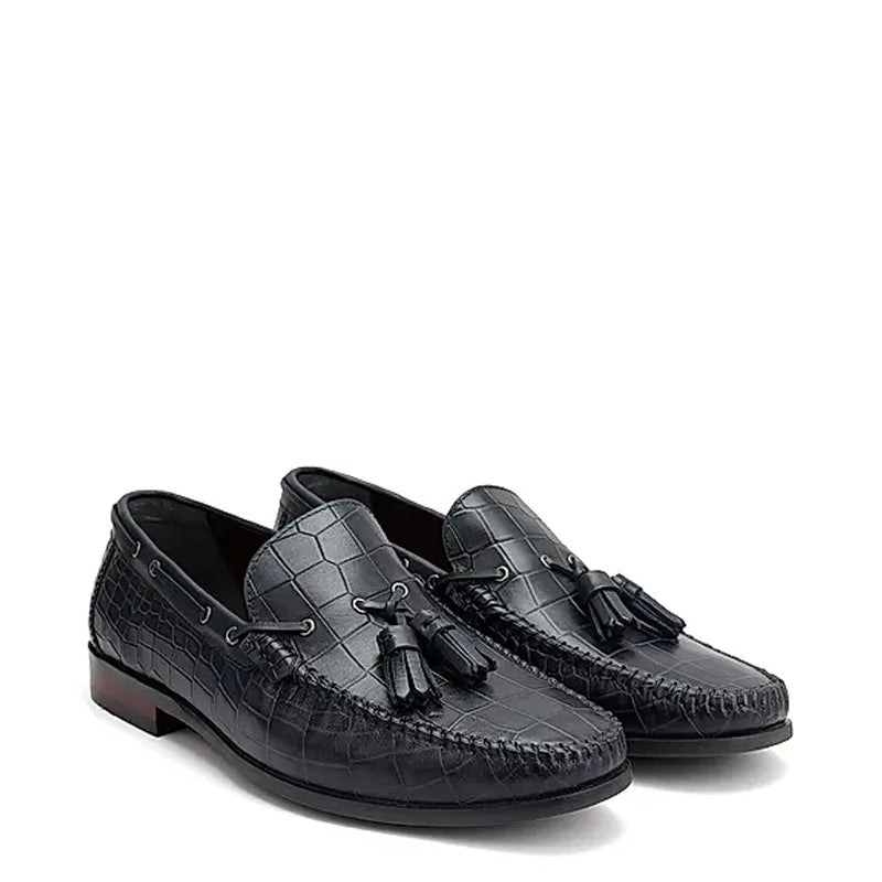 Crocodile Pattern Side Lacing Leather Tassel Loafer Burgundy