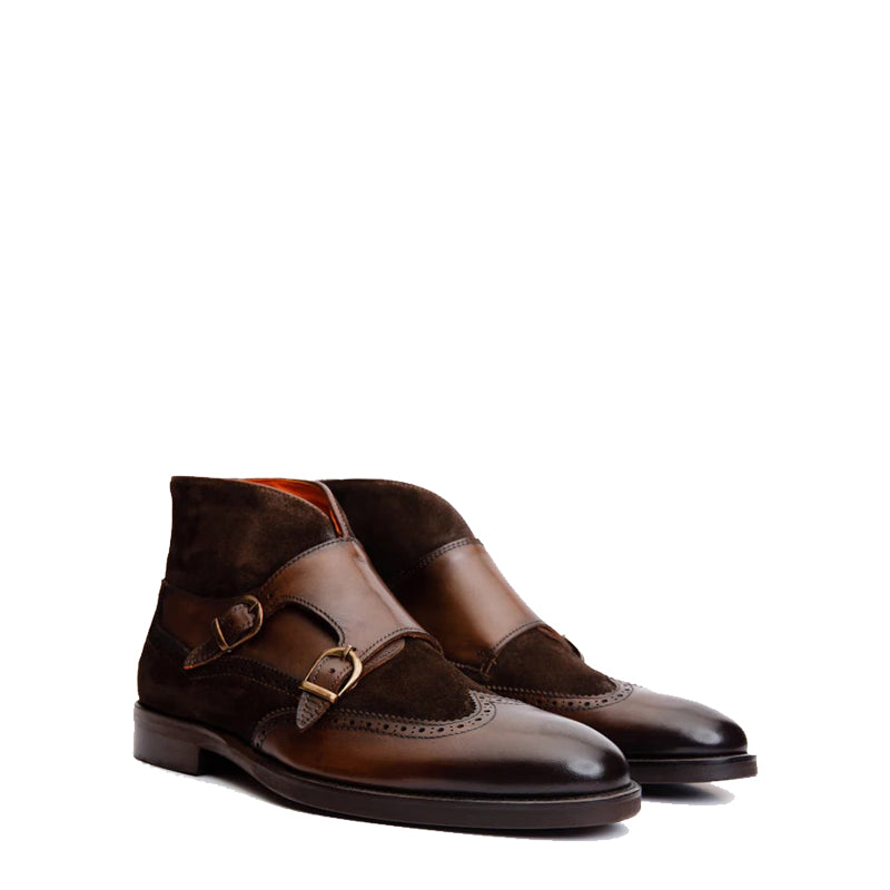 Brown Suede Leather Double Strap Monk Brogue Men Boot