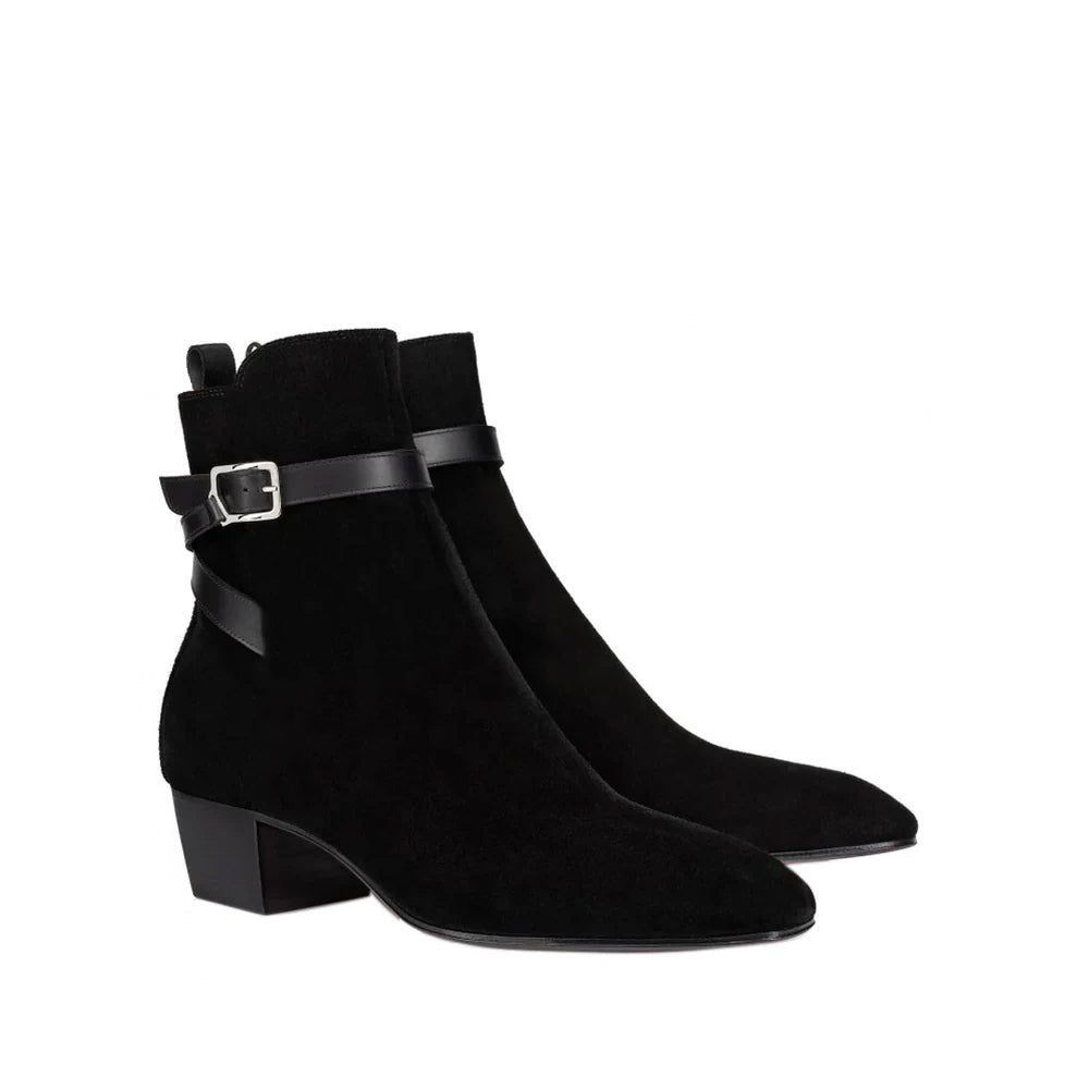 Black Suede Ankle Pointed Toe Boots With Silver Buckle Strap