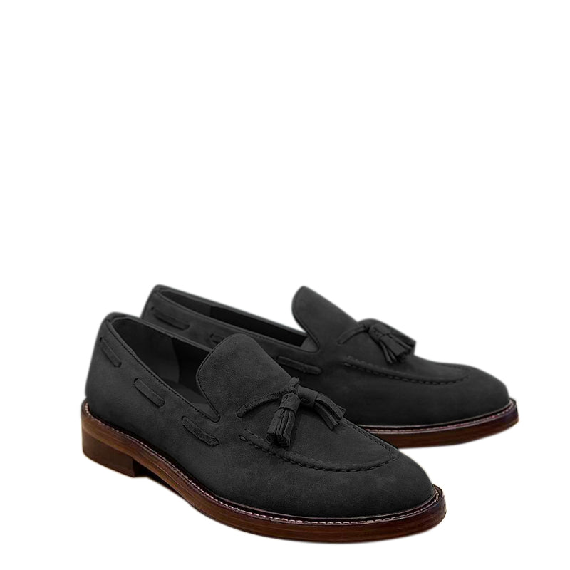 Comfort Tassel Penny Loafer in Black Suede Leather