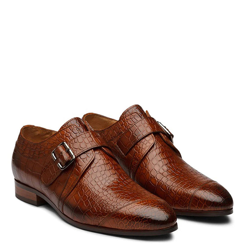 Crocodile Print Leather Single MonkStraps Shoe Brown