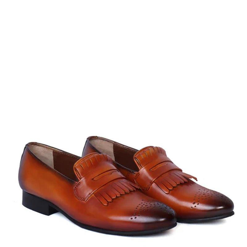 Patent Leather Slip-On Tan Shoe With Fringes