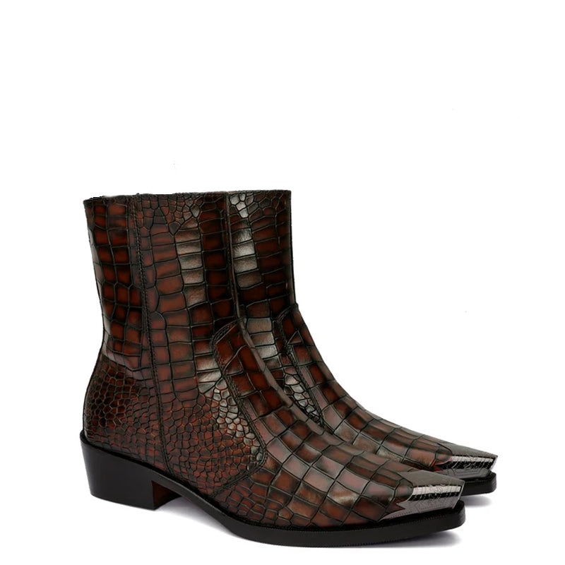 Luxury Croco Print Leather Side-Zipper Boot Burgundy