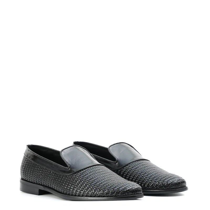 Woven Slip-On Leather Black Loafer For Men