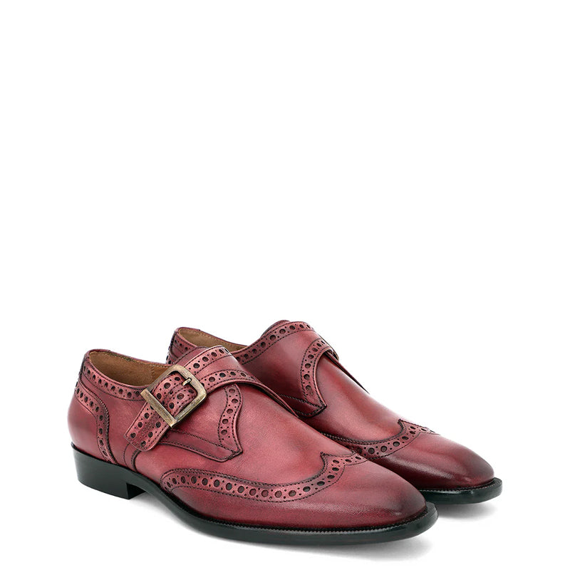 Leather Single Monk Strap Burgundy Shoe For Men