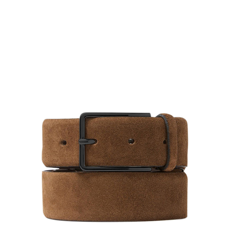 Men Suede Cognac Leather Silver Buckle Belt