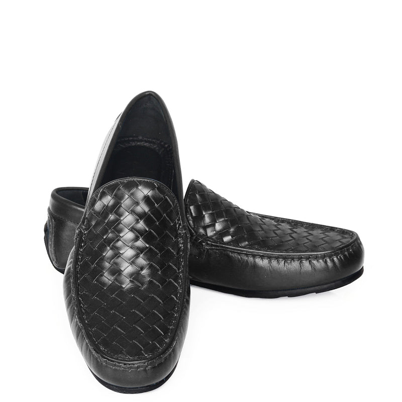 Weaved Textured Shiny Leather Driving Black Loafer