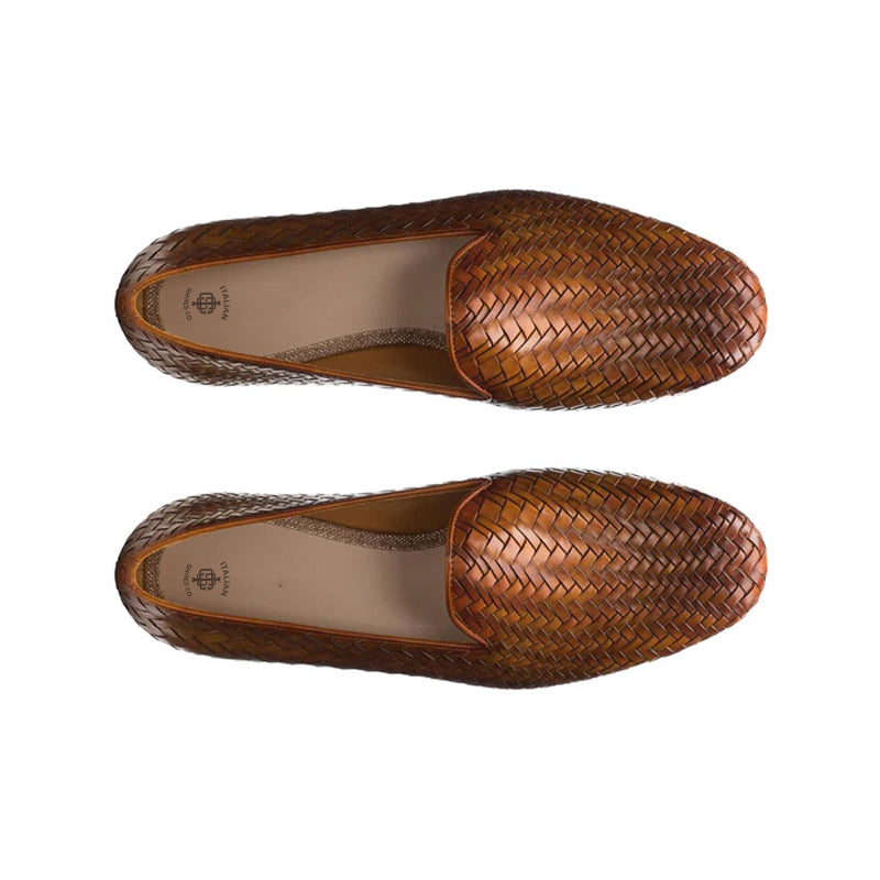 Men Woven Braided Solid Leather Loafers