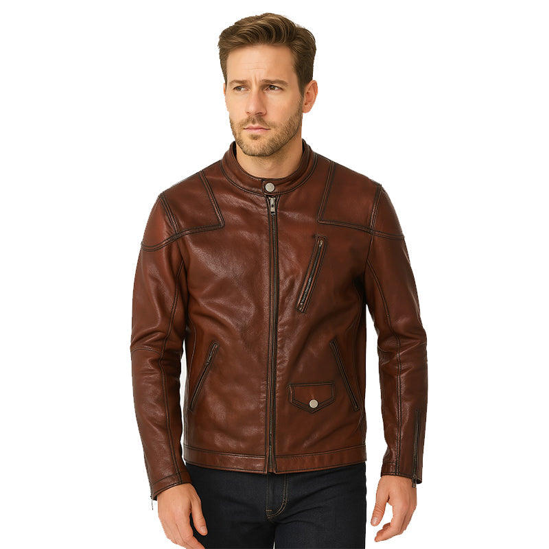 Men’s Zip-Up Vintage Brown Biker Jacket with Stand Collar & Pockets