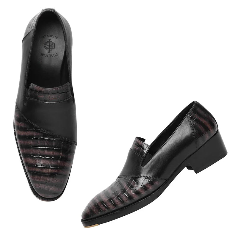 Patina Croco Mirror Glossed Cuban Heel Loafer Black