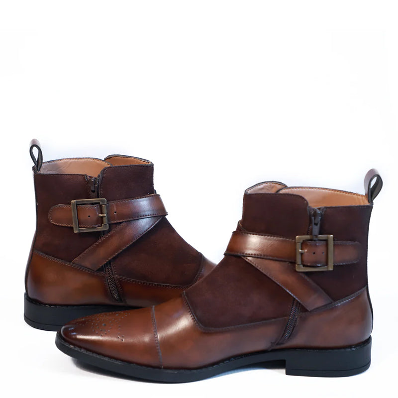 Leather Side Zip-Up Buckled Ankle Black Boot