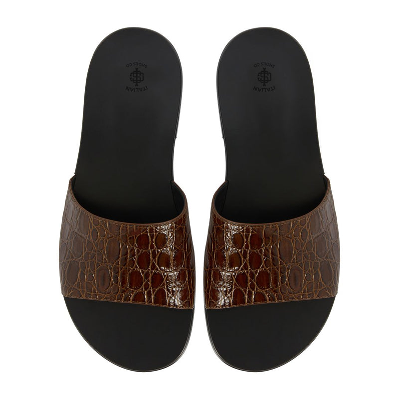 Pure Leather Croco Textured Brown Sandal