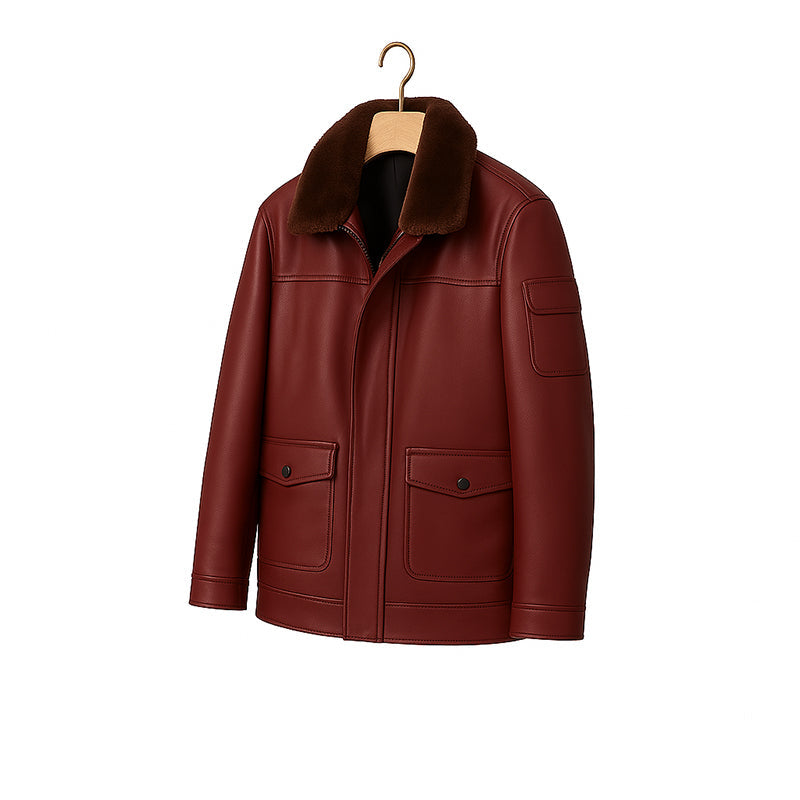 Men's Luxurious Burgundy Front Pocket Jacket with Fur Collar