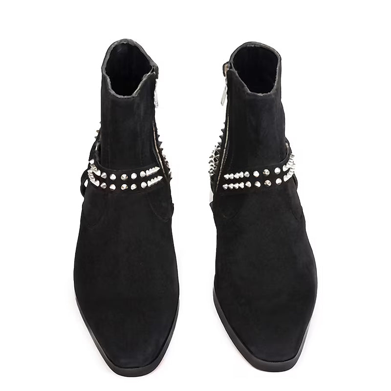 Luxury Spike Stud Velvet Side-Zipper Black Boot With Chain