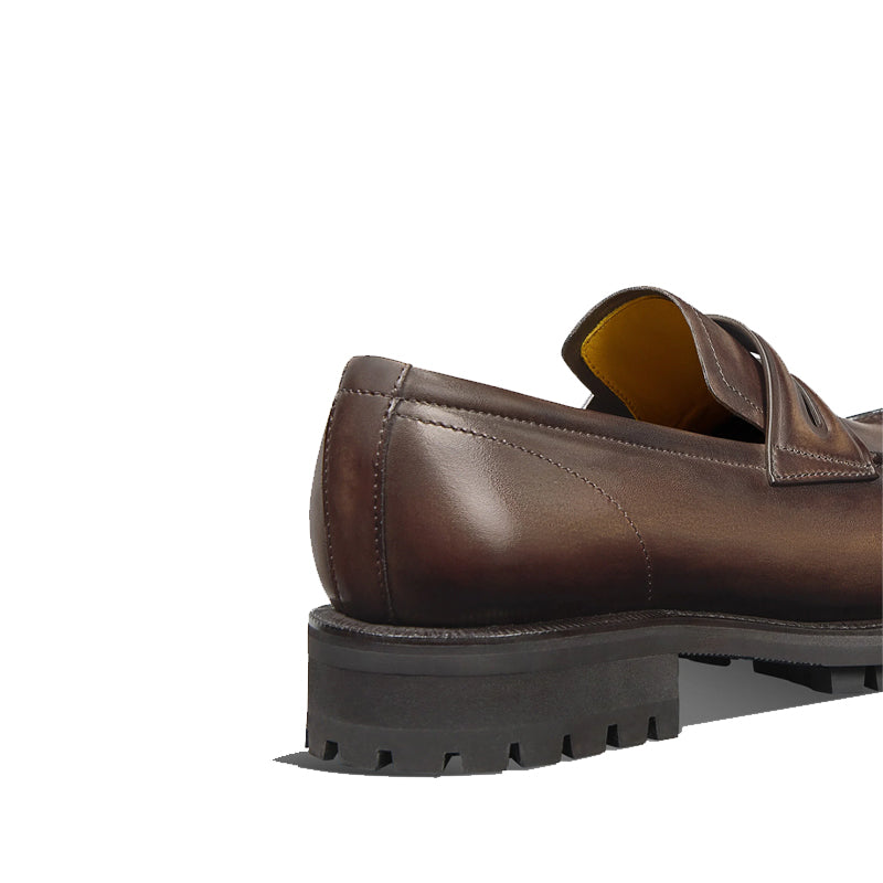 Men's Leather Brown Round-Toe Penny Loafer in Chunky Sole