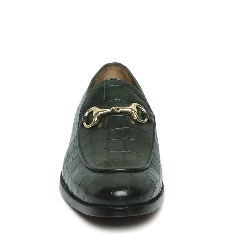 Croco Leather Horse-bit Buckled Green Loafer