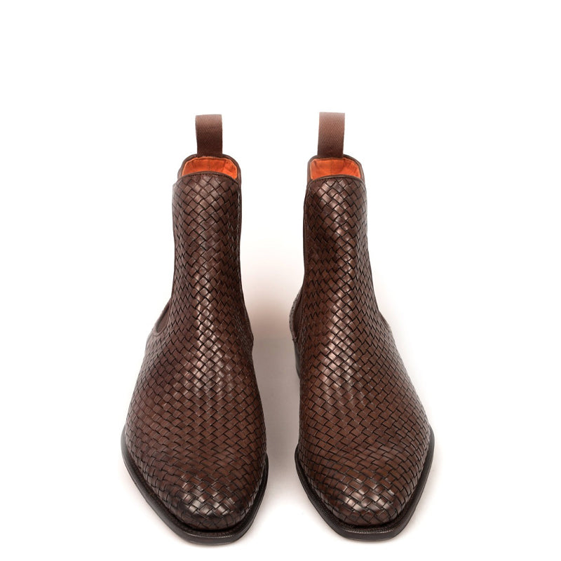 Men Handmade Woven Leather Stylish Chelsea Brown Boot
