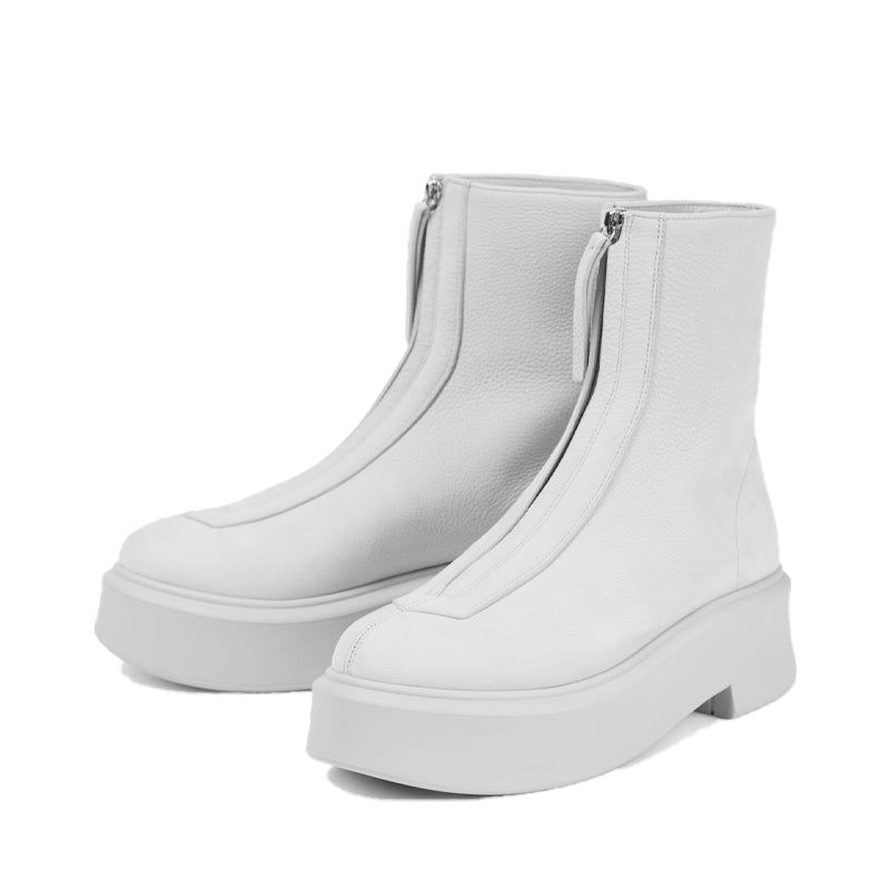 Premium Leather Row Zipped-Front Ankle White Boot