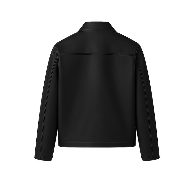 Men's Plain Casual Black Leather Jacket with Collar