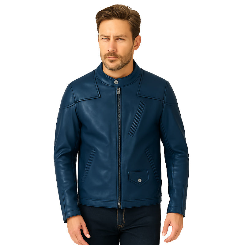 Men’s Zip-Up Vintage Brown Biker Jacket with Stand Collar & Pockets