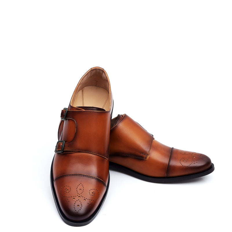 Premium ToeCap Double Monk Strap Tan Leather Shoe
