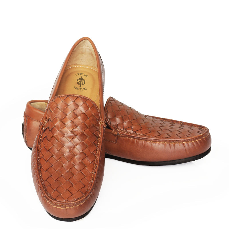 Leather Weaved Textured Driving Tan Loafer
