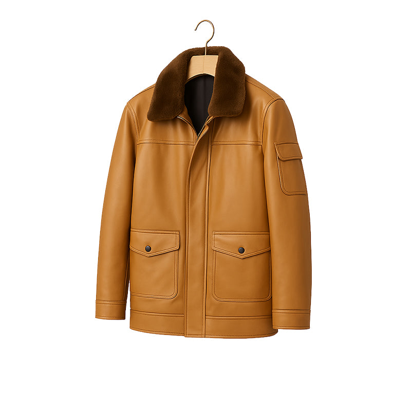 Men's Luxurious Brown Front Pocket Jacket with Fur Collar