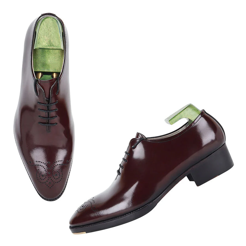 Classic Wholecut Shiny Leather Oxford Burgundy Shoe With Metal Toe