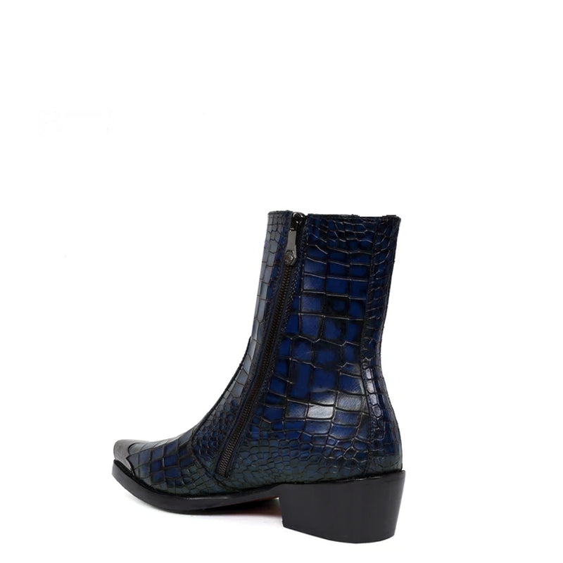 Luxury Croco Print Leather Side-Zipper Boot Black