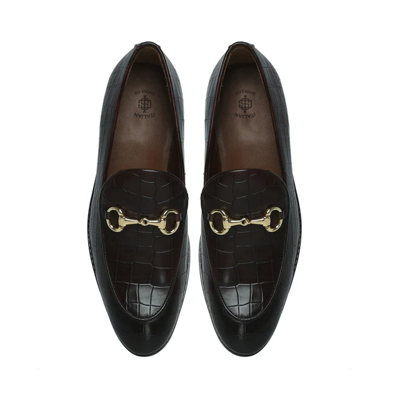 Croco Print Deep Cut Horse-bit Buckled Tan Loafer