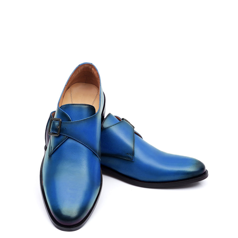 Premium Single Monk Strap Leather Blue Shoe For Men