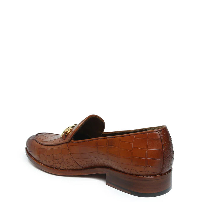 Croco Print Deep Cut Horse-bit Buckled Tan Loafer