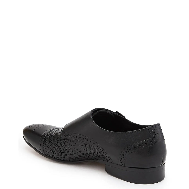 Men Woven Textured Leather Double Monk Shoe Black