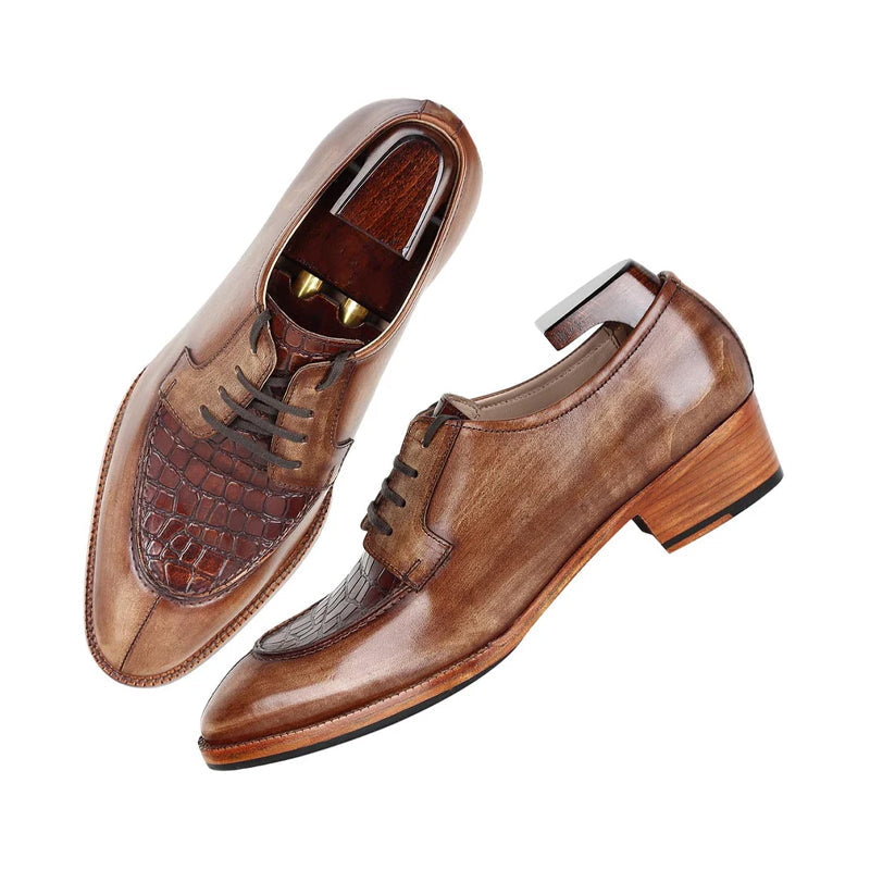 Patina Cuban Heel Croco Leather Derby Shoes