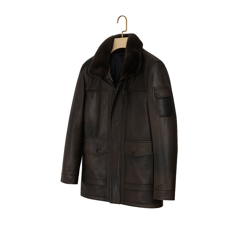 Men's Luxurious Tan Front Pocket Jacket with Fur Collar