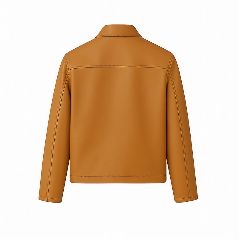 Men's Plain Casual Black Leather Jacket with Collar