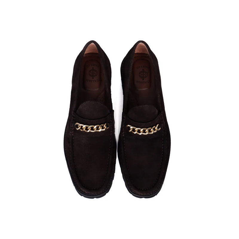 Suede Leather Loafers With Golden Black Chain