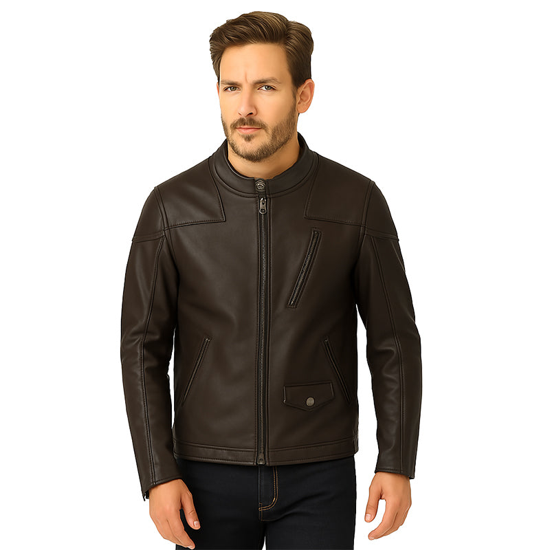 Men’s Zip-Up Vintage Burgundy Biker Jacket with Stand Collar & Pockets