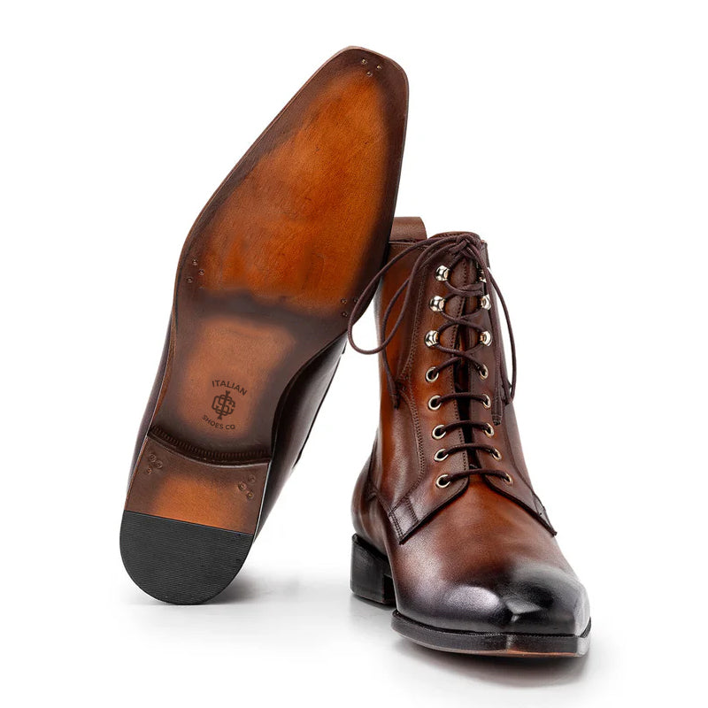 Premium Plain Toe Lace-Up Leather Ankle Boot Brown