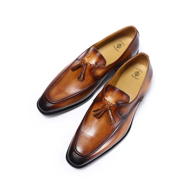 Cognac Leather Tassel Slip-On Shoes