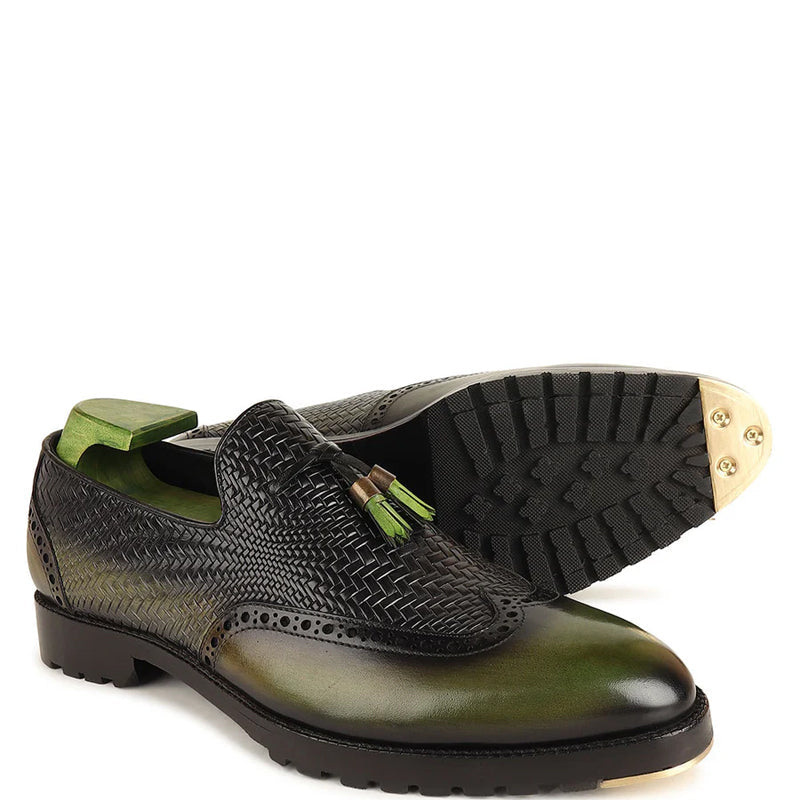 Patina Leather Tassel Loafers With Textured