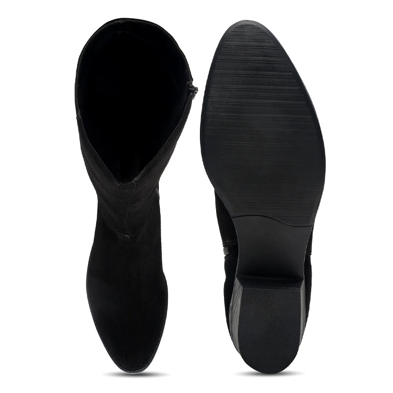 Women Suede Knee High-Top Side Zipper Black Boot