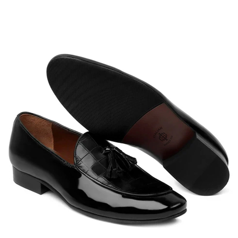 Croco Leather Tassel Black Loafer With Deep Cut