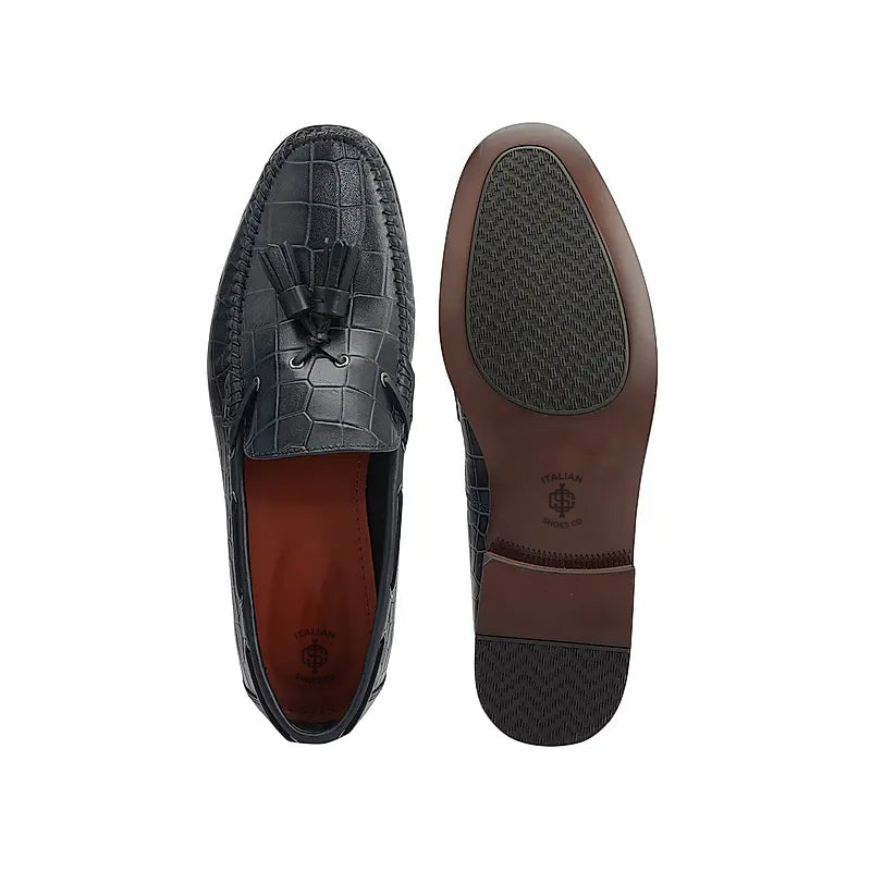 Crocodile Pattern Side Lacing Leather Tassel Loafer Burgundy