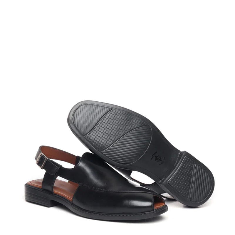 Cross Design Leather Comfort Peshawari Black Sandal