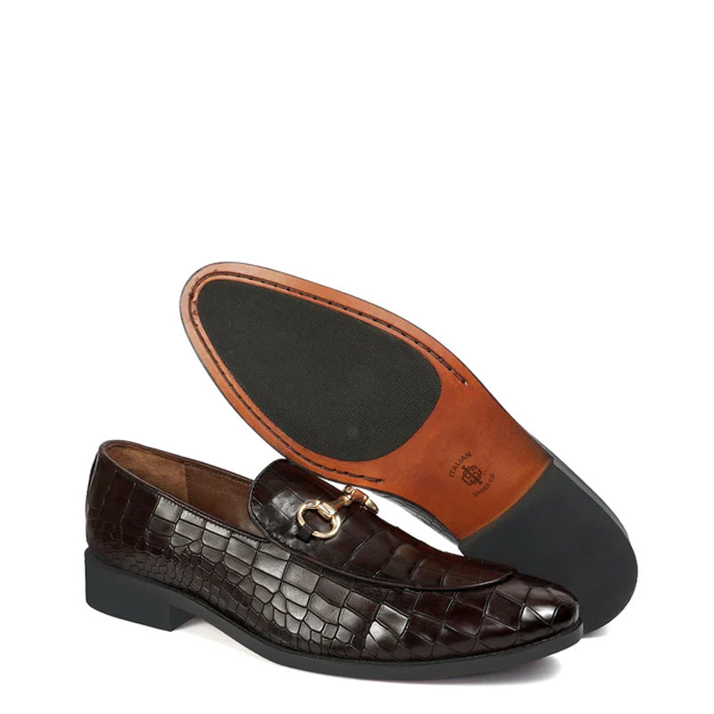 Croco Deep Cut Horse-bit Buckled Leather Dark Brown Loafer