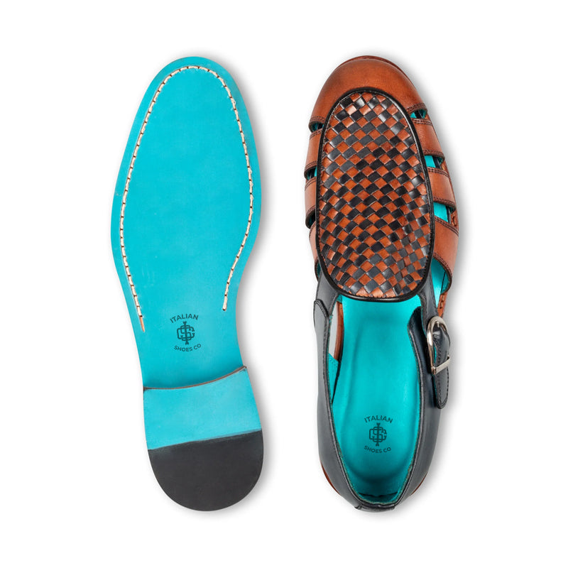 Men Blue/Tan Textured Leather Peshawari Comfort Sandal